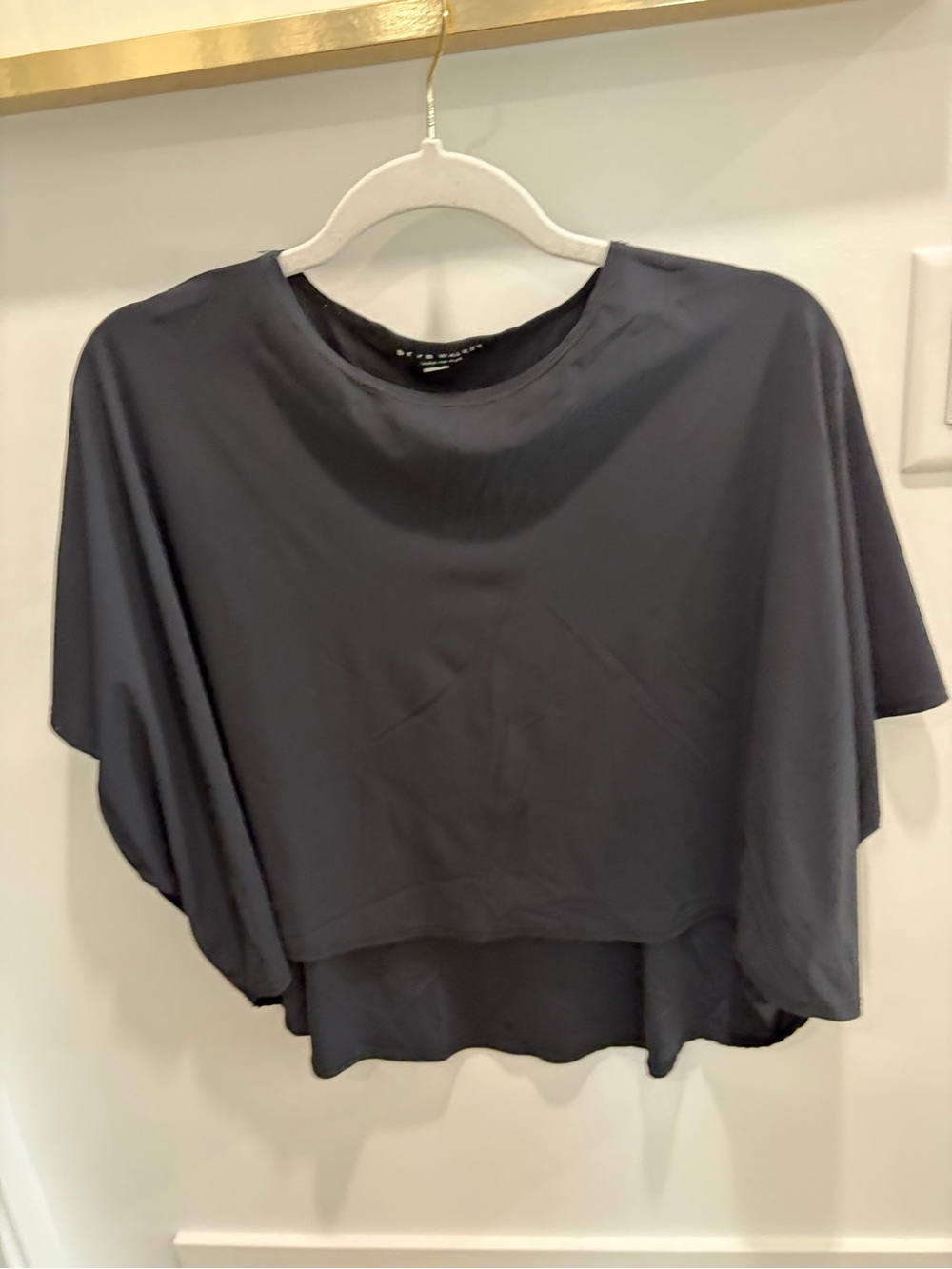 bryn Walker Black Draped Crop Top with Short Flowing Sleeves